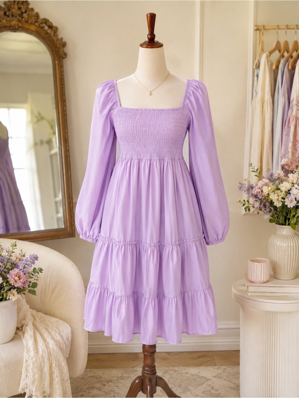 Lavender Smocked Tiered Dress Large